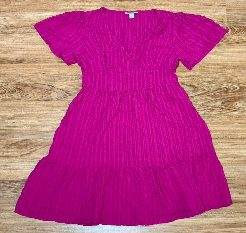 Knox Rose Fuchsia A-Line Tiered Mini Dress Flutter Sleeve V-Neck Boho - Size M